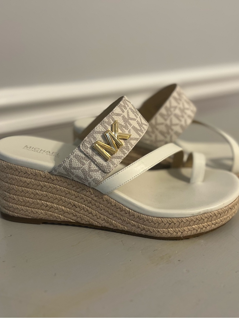 Michael Kors Cream Logo Espadrille Wedge Sandals with Gold MK